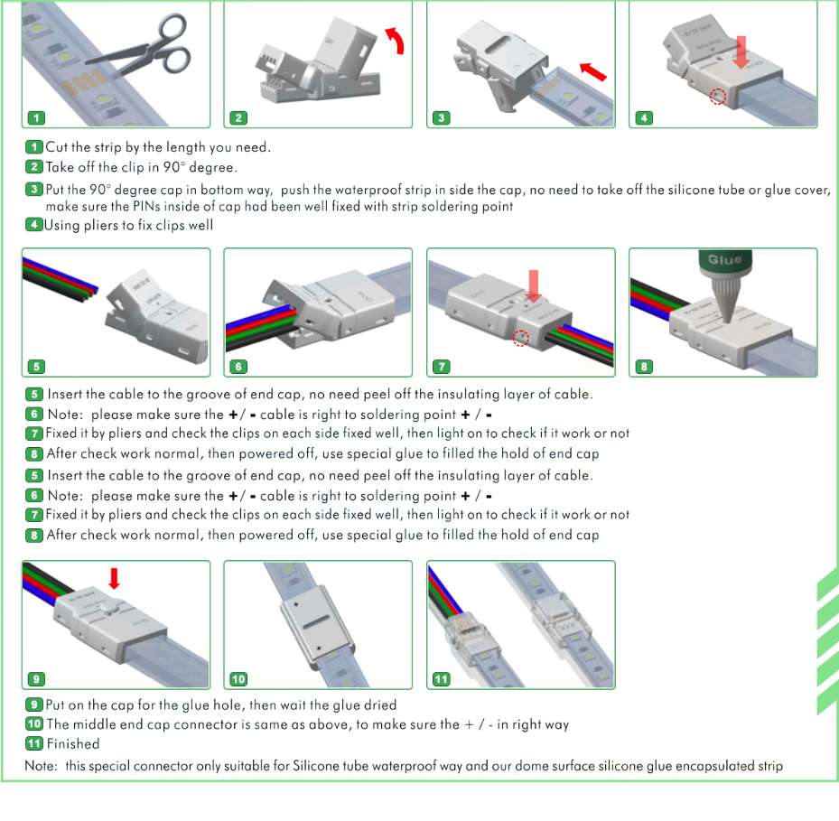 Silicone glue encapsulated waterproof LED strips connection